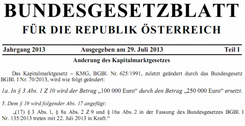 Erhöhung der Propektpflicht von € 100.000 auf € 250.000